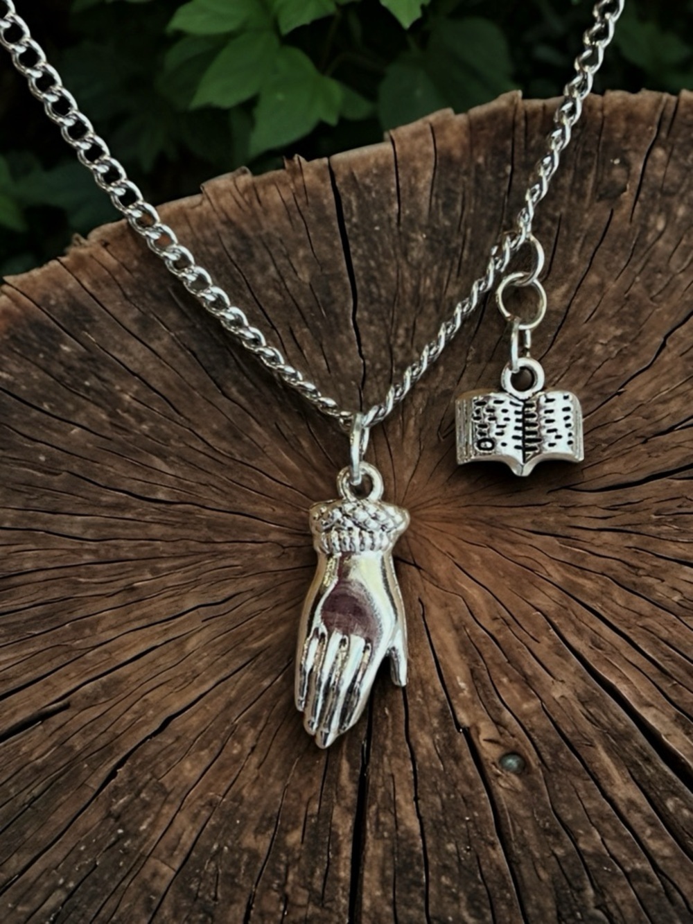 DND Wizard Silver Toned Hand Charm Necklace with Book